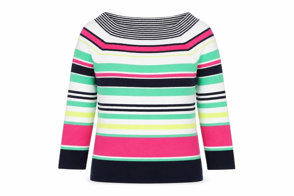 Front view of Marks & Spencer women’s multicoloured boat neck striped viscose jumper, size UK 8