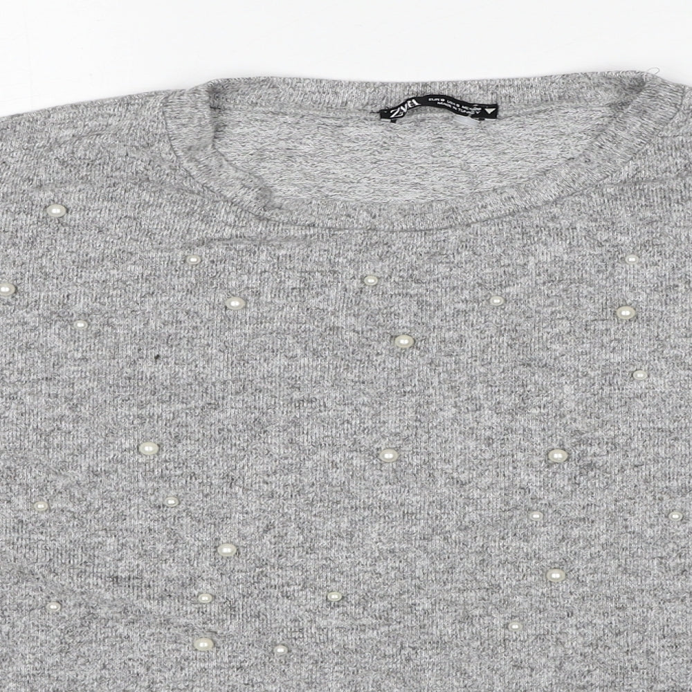 Zara Womens Grey Round Neck Viscose Pullover Jumper Size S
