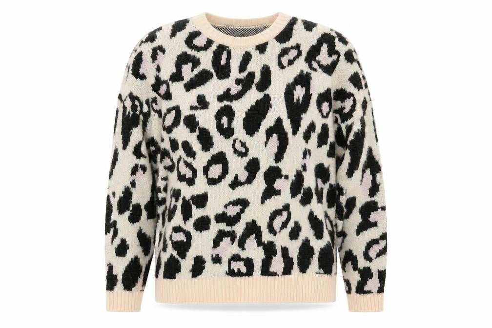 Front view of New Look women’s multicoloured round neck animal print acrylic jumper, size S, - leopard pattern