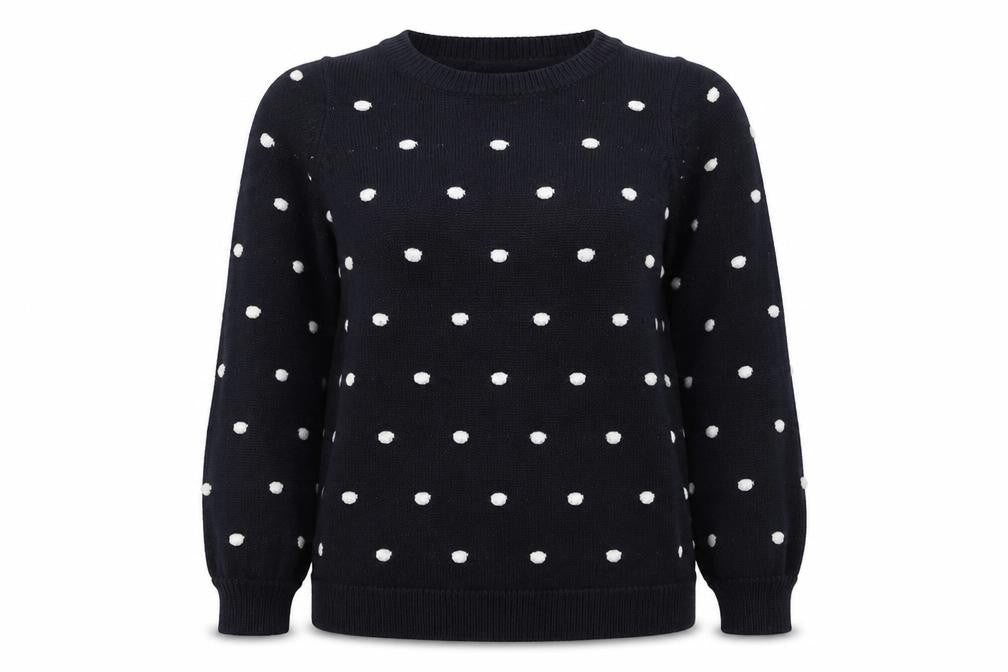 Front view of Evans women’s blue round neck polka dot acrylic jumper, size UK 14