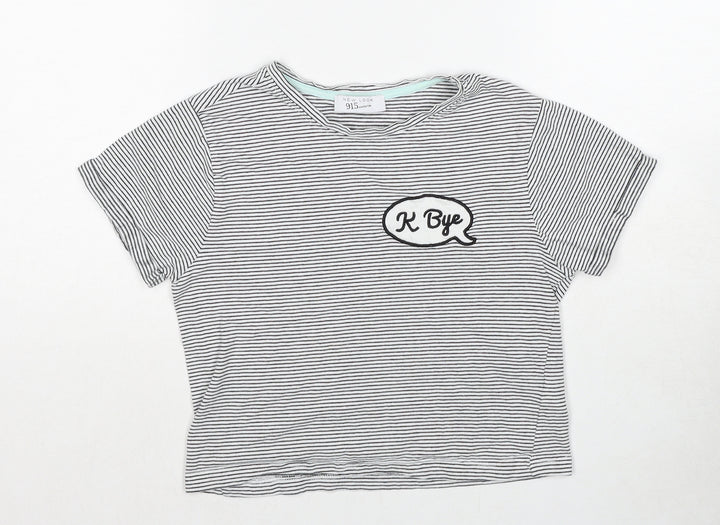 New Look Girls Black Striped Cotton Pullover T-Shirt Size S Round Neck Pullover