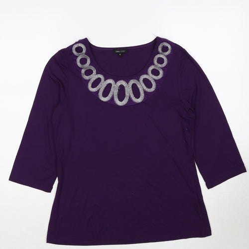Two Tone Womens Purple Viscose Basic Blouse Size 14 Boat Neck - Embroidered Neckline