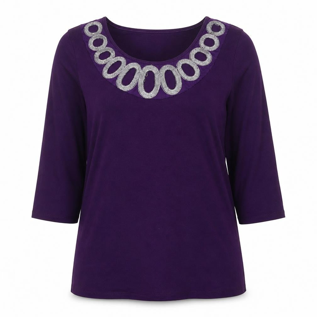 Front view of Two Tone women’s purple viscose basic blouse, size UK 14, boat neck - embroidered neckline