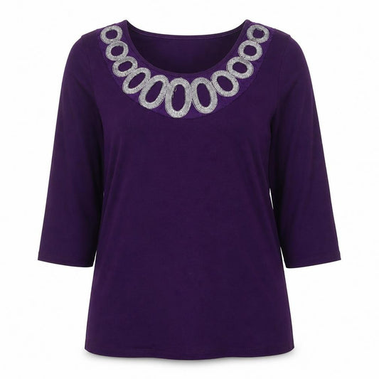 Front view of Two Tone women’s purple viscose basic blouse, size UK 14, boat neck - embroidered neckline