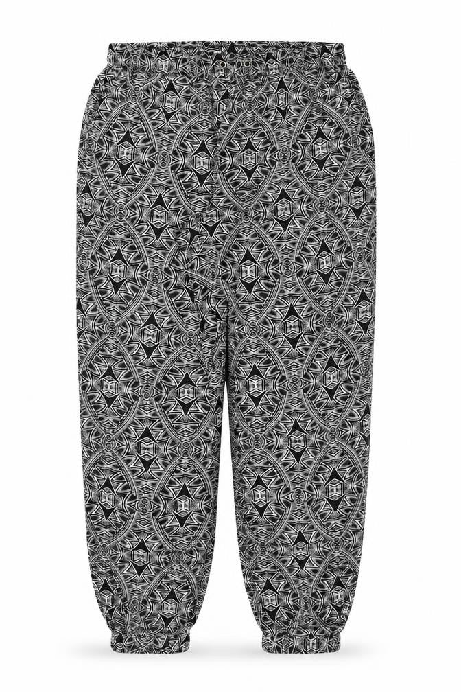Front view of New Look women’s black geometric polyester trousers, size UK 10, regular drawstring