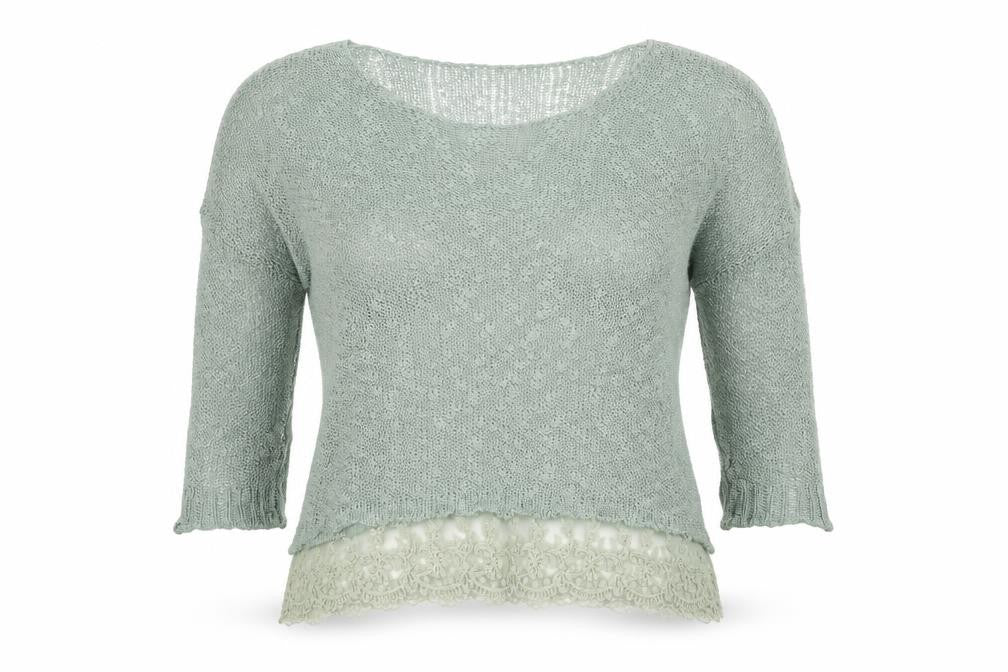 Front view of QED London women’s green round neck acrylic jumper, size S