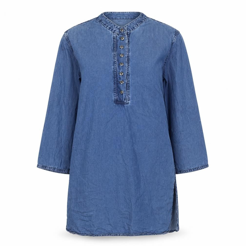 Front view of Westside women’s blue polyester tunic blouse, size S, round neck