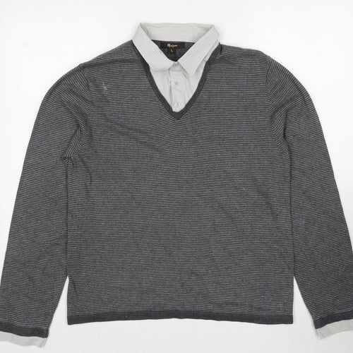 Monsoon Mens Grey Collared Striped Cotton Pullover Jumper Size L Long Sleeve