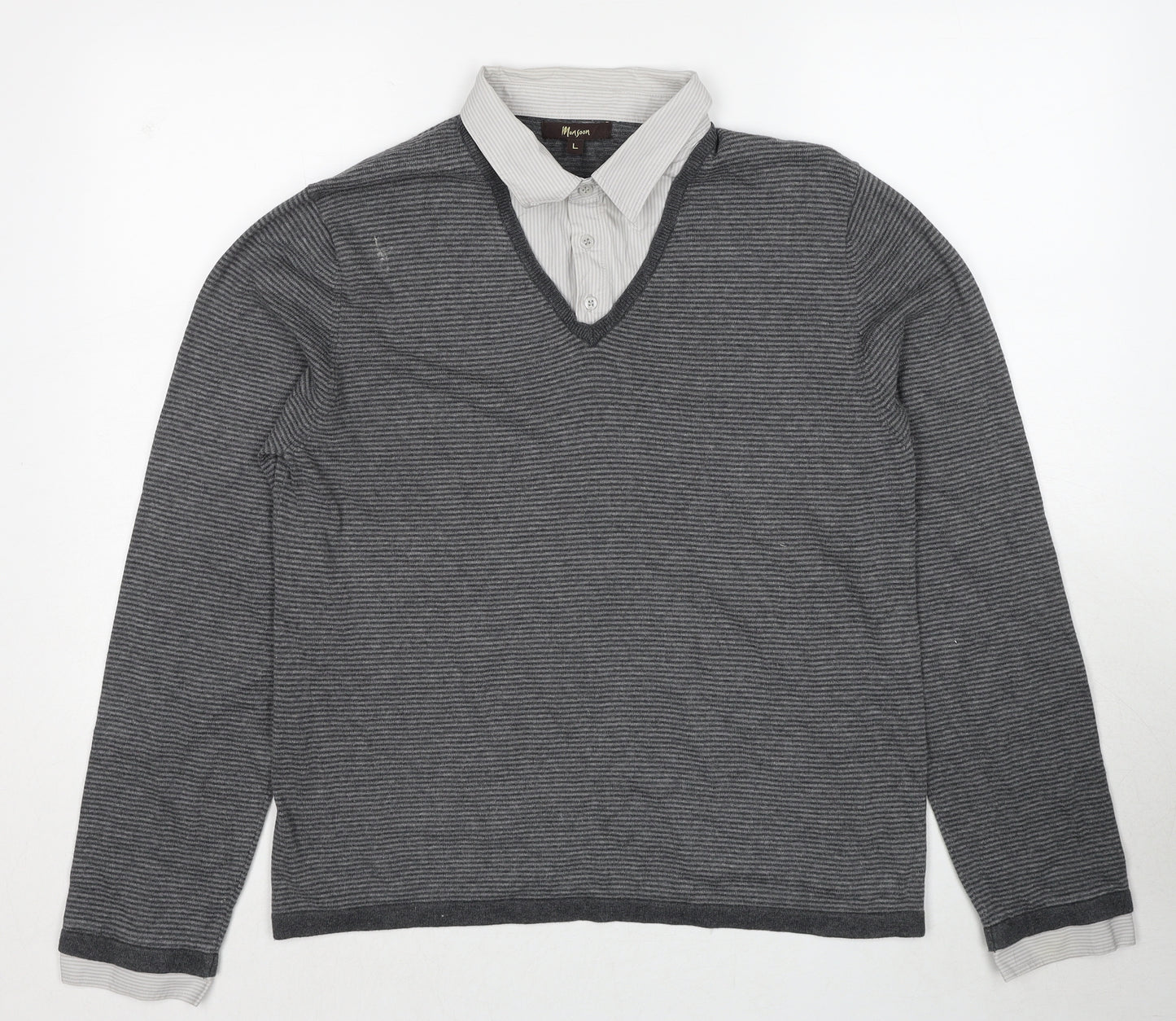 Monsoon Mens Grey Collared Striped Cotton Pullover Jumper Size L Long Sleeve