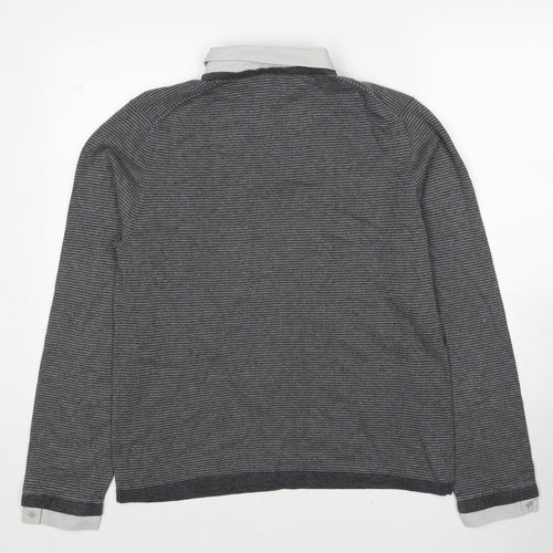 Monsoon Mens Grey Collared Striped Cotton Pullover Jumper Size L Long Sleeve