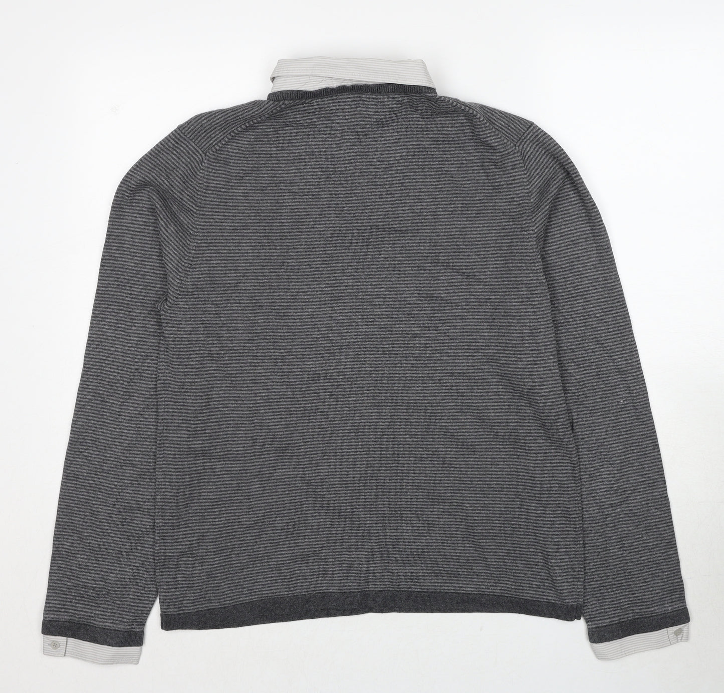 Monsoon Mens Grey Collared Striped Cotton Pullover Jumper Size L Long Sleeve