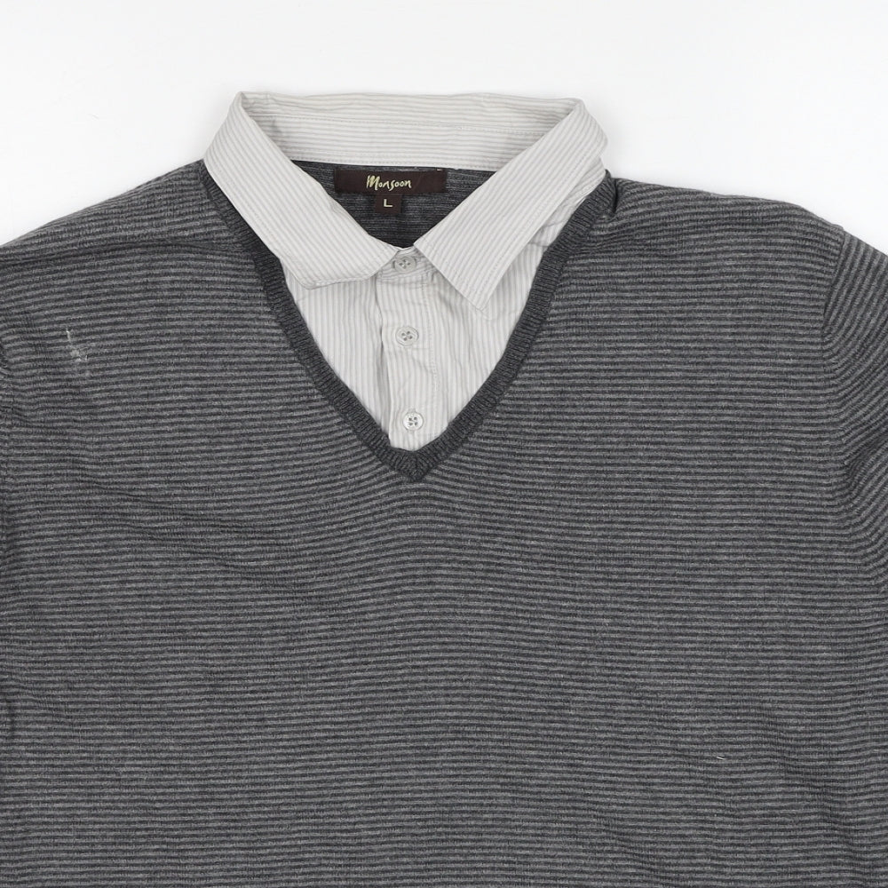 Monsoon Mens Grey Collared Striped Cotton Pullover Jumper Size L Long Sleeve