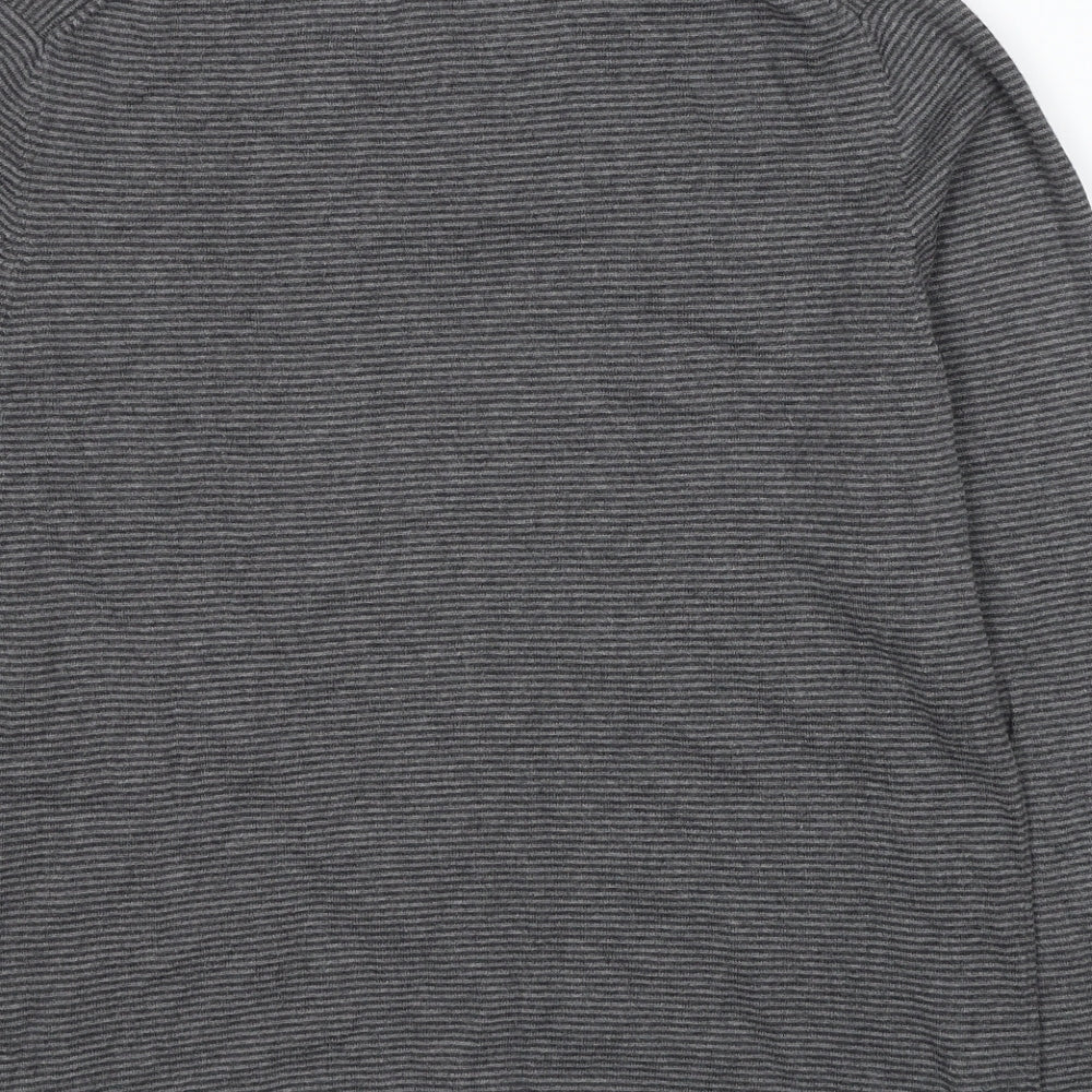 Monsoon Mens Grey Collared Striped Cotton Pullover Jumper Size L Long Sleeve