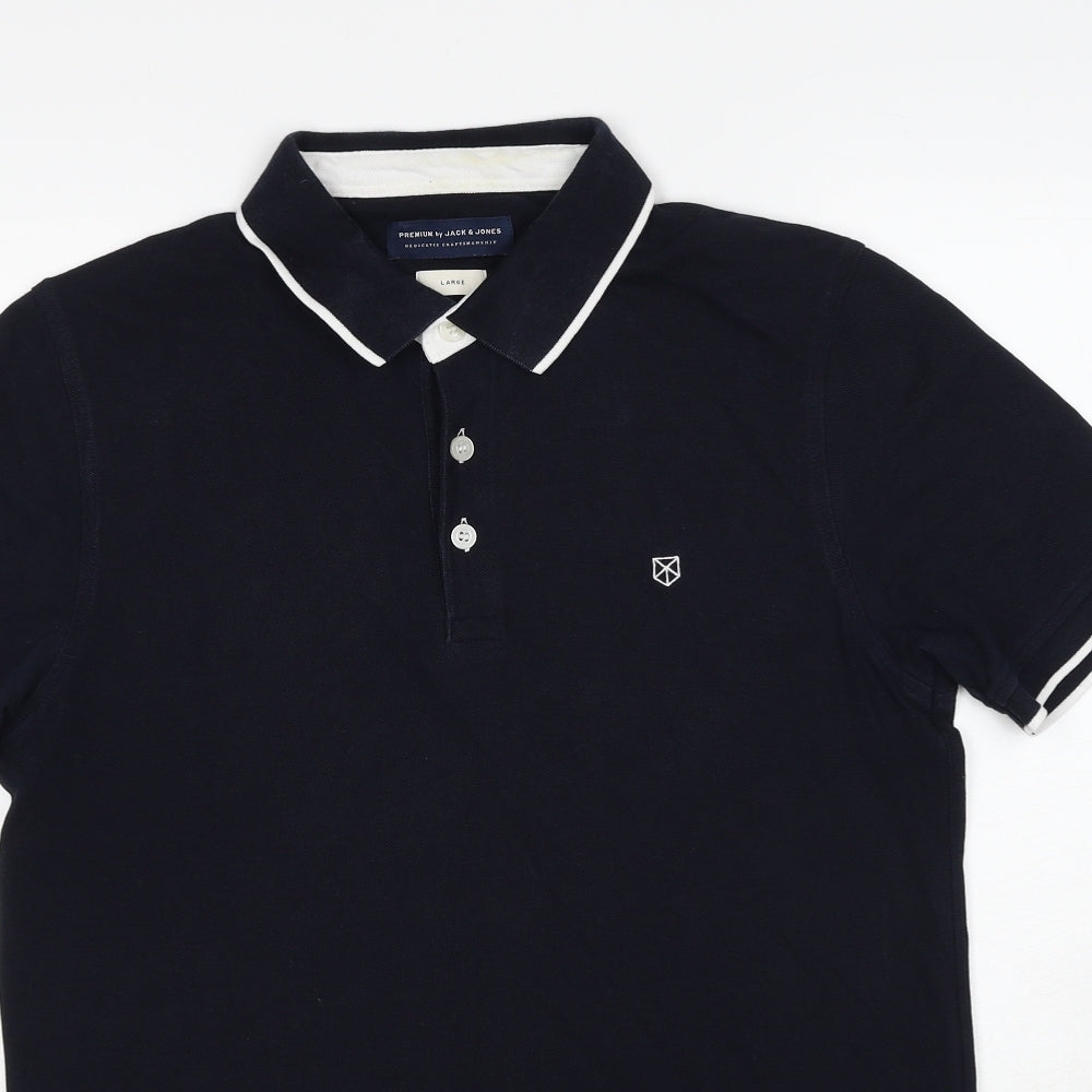 JACK & JONES Mens Blue Cotton Polo Size L Collared Pullover