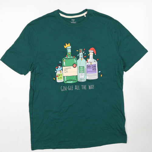 Marks and Spencer Mens Green Cotton T-Shirt Size M Round Neck - Christmas Gin-Gle all The Way