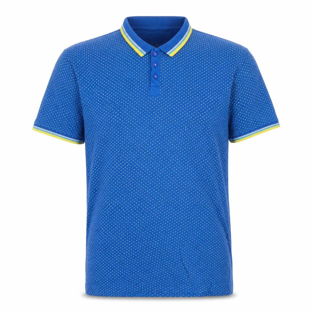 Front view of Lee Cooper men’s blue polka dot cotton polo, size M, collared pullover