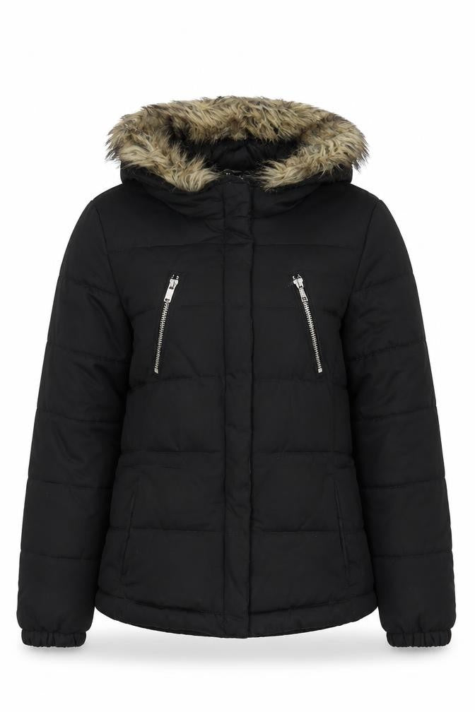 Front view of H&M women’s black puffer jacket jacket, size UK 8, zip