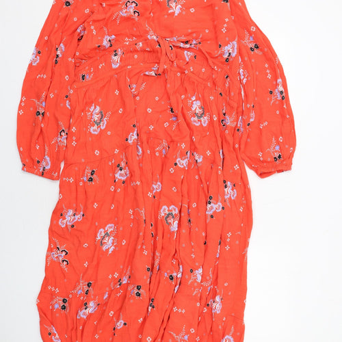 Marks and Spencer Womens Red Floral Viscose A-Line Size 22 V-Neck Zip