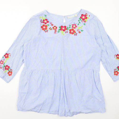 JoJo Maman Bébé Womens Blue Striped Cotton Basic Blouse Size L Round Neck - Flower Detail
