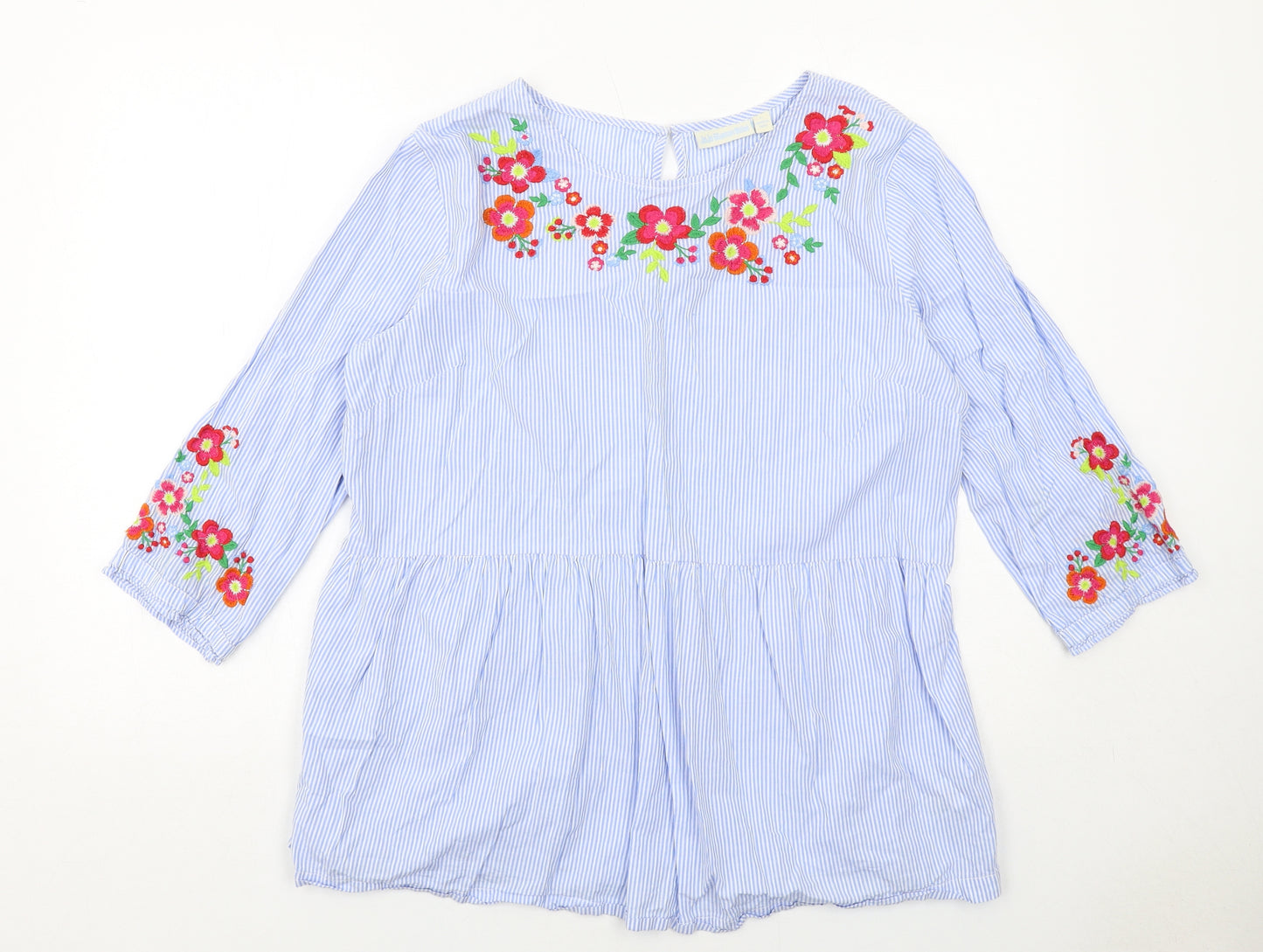 JoJo Maman Bébé Womens Blue Striped Cotton Basic Blouse Size L Round Neck - Flower Detail