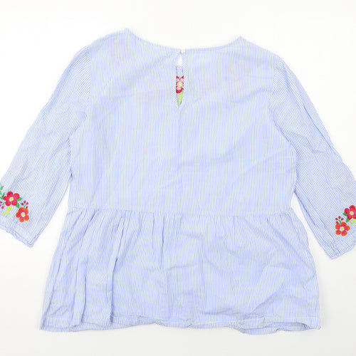 JoJo Maman Bébé Womens Blue Striped Cotton Basic Blouse Size L Round Neck - Flower Detail