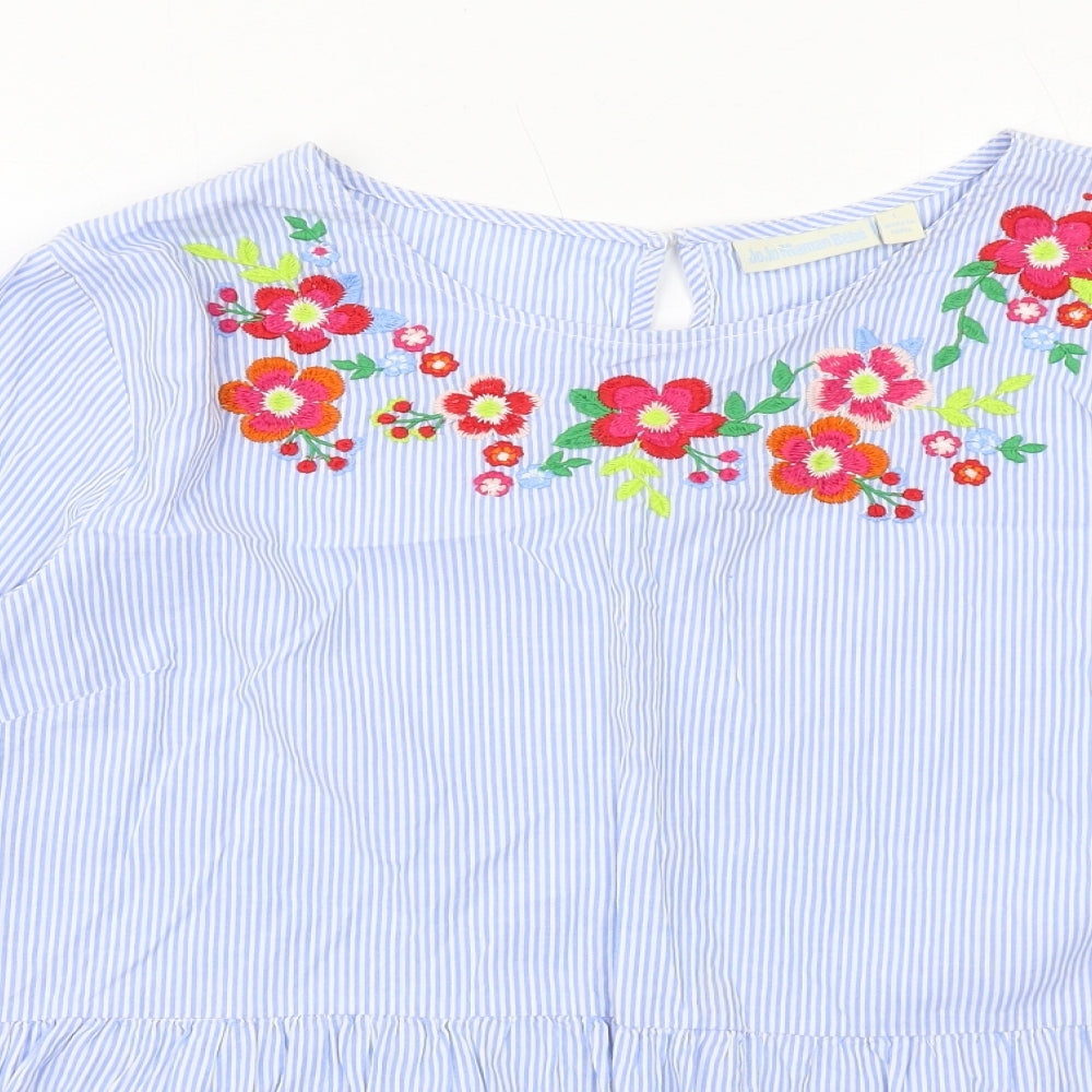 JoJo Maman Bébé Womens Blue Striped Cotton Basic Blouse Size L Round Neck - Flower Detail