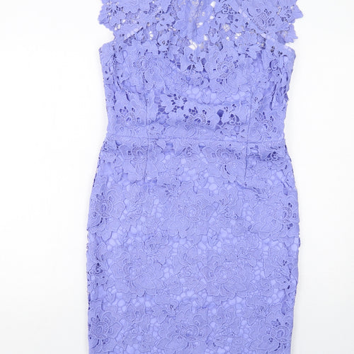 Paper Dolls Womens Blue Polyester Sheath Size 14 Round Neck Zip - Crocheted Lace Overlay