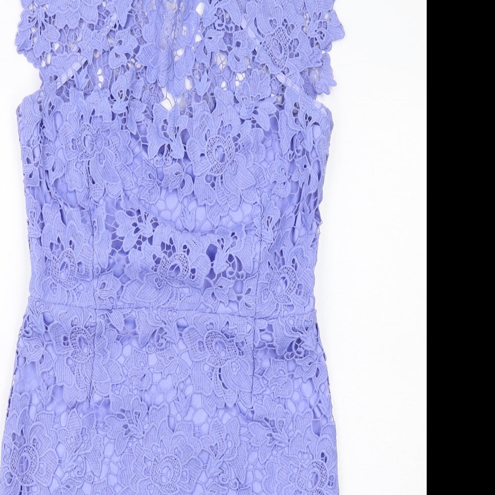 Paper Dolls Womens Blue Polyester Sheath Size 14 Round Neck Zip - Crocheted Lace Overlay