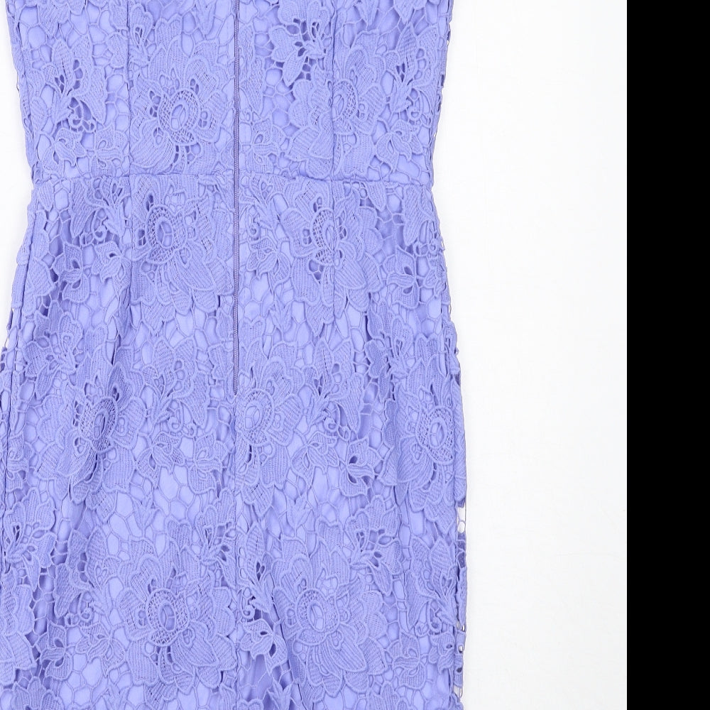 Paper Dolls Womens Blue Polyester Sheath Size 14 Round Neck Zip - Crocheted Lace Overlay