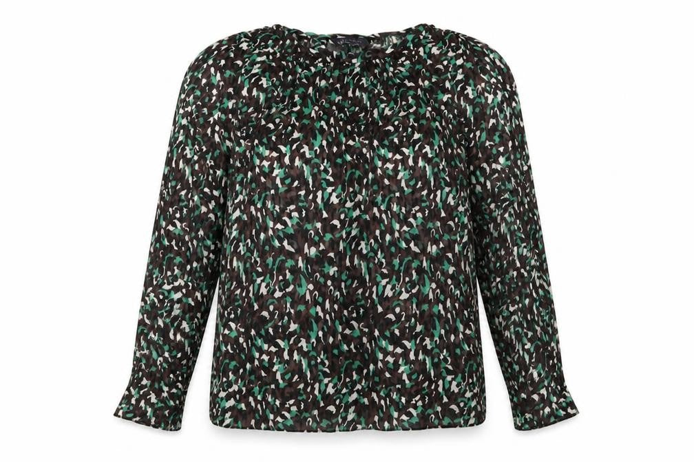 Front view of Marks & Spencer women’s black geometric polyester basic blouse, size UK 14, round neck