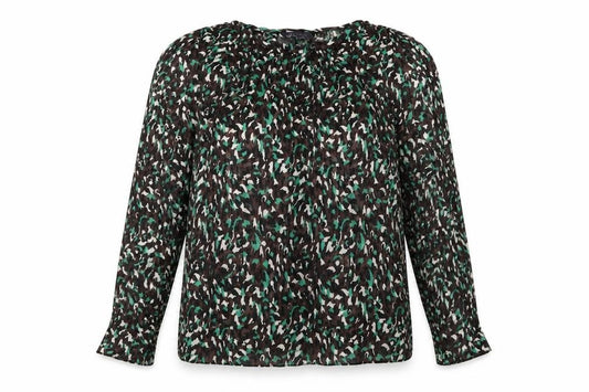 Front view of Marks & Spencer women’s black geometric polyester basic blouse, size UK 14, round neck