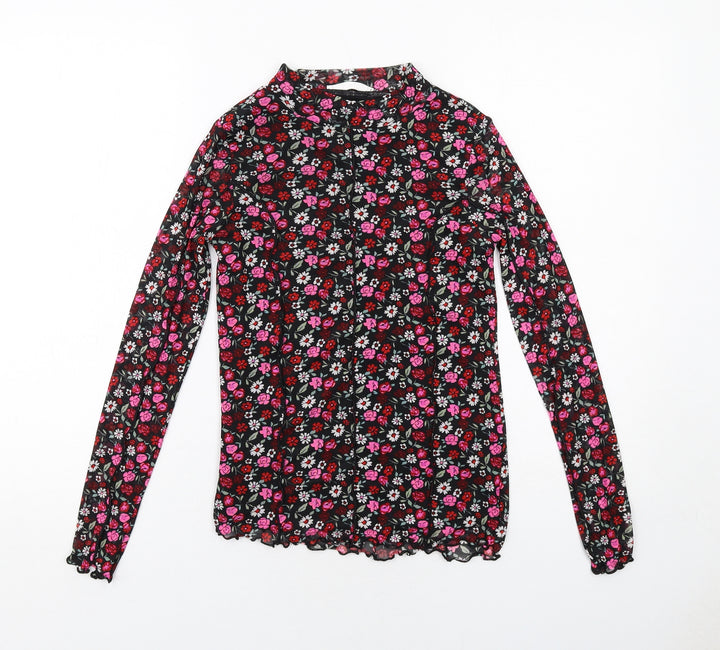Marks and Spencer Girls Black Floral Polyester Pullover T-Shirt Size 12-13 Years Mock Neck Pullover