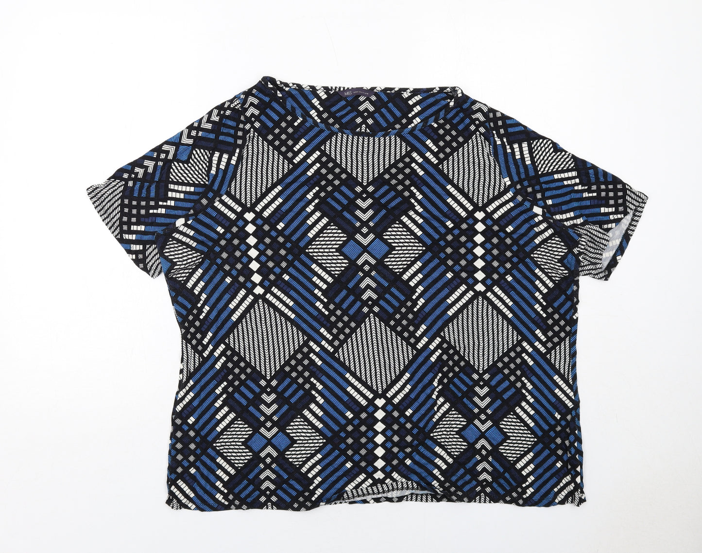 Marks and Spencer Womens Blue Geometric Viscose Basic T-Shirt Size 24 Boat Neck