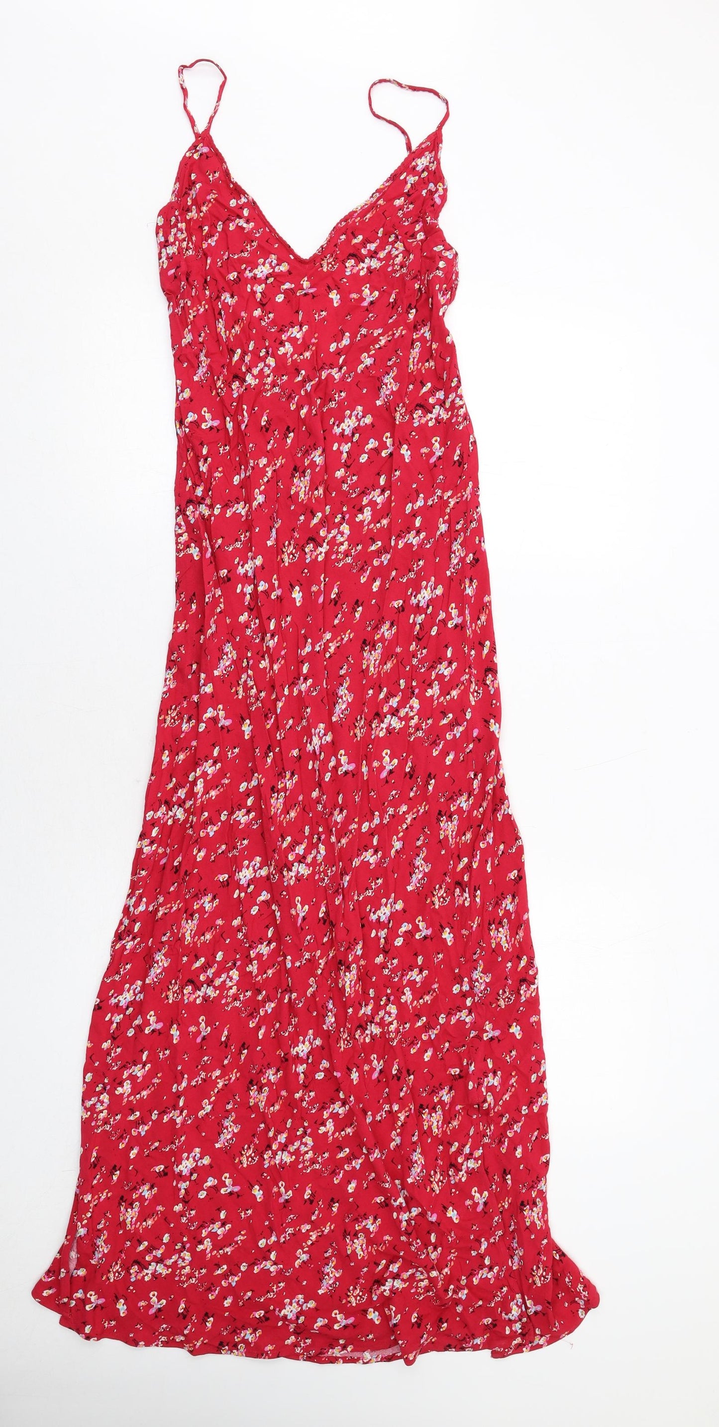 Marks and Spencer Womens Red Floral Viscose Maxi Size 10 V-Neck Pullover