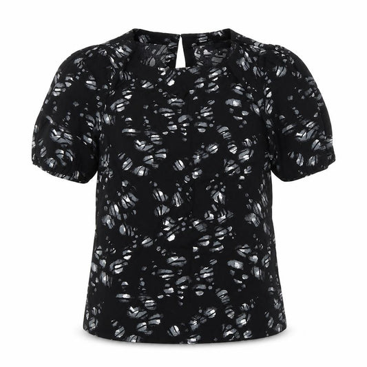 Front view of Next women’s black geometric viscose basic blouse, size UK 6, boat neck