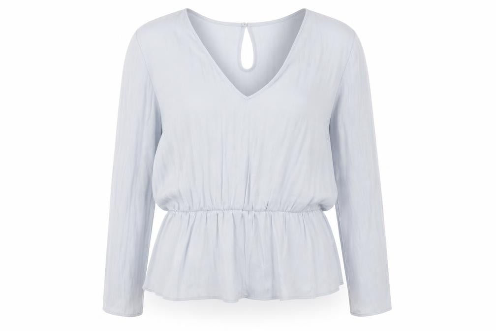 Front view of Marks & Spencer women’s grey polyester basic blouse, size UK 20, v-neck