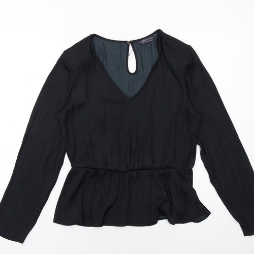 Marks and Spencer Womens Black Polyester Basic Blouse Size 10 V-Neck