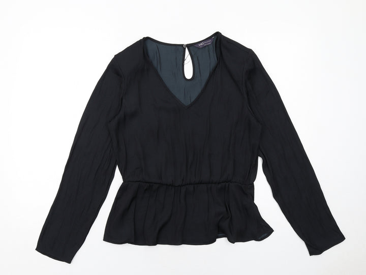 Marks and Spencer Womens Black Polyester Basic Blouse Size 10 V-Neck