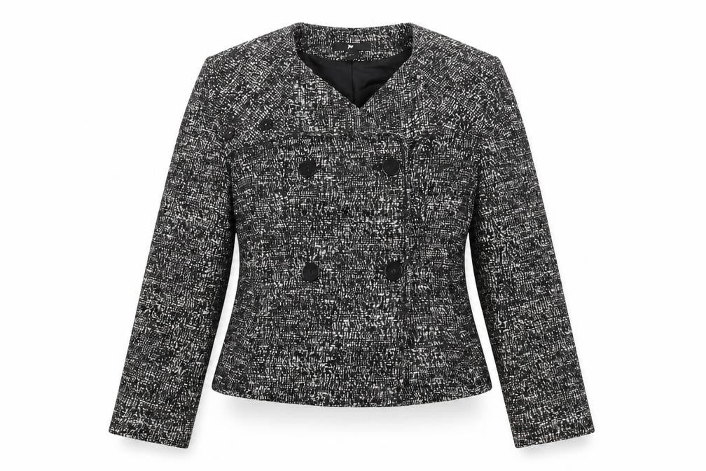 Front view of H&M women’s black geometric jacket blazer, size UK 6, button