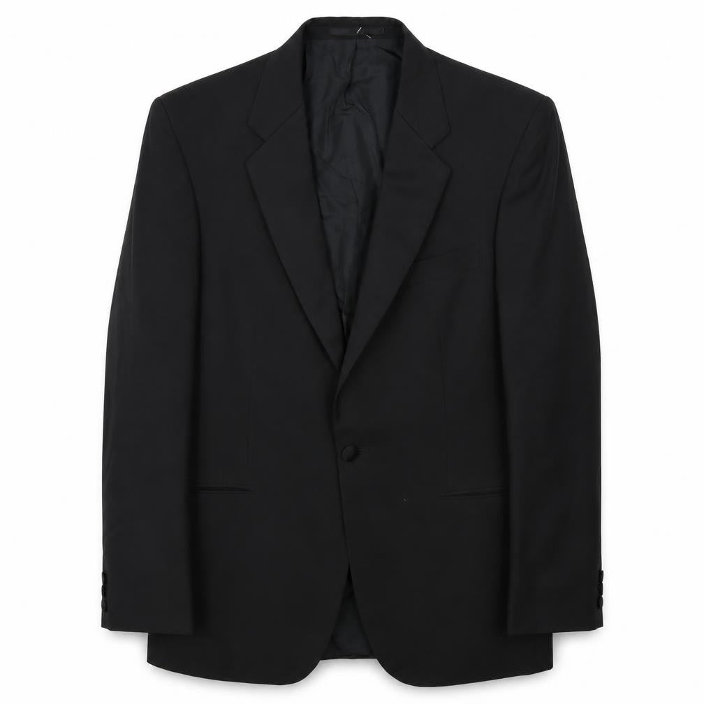 Front view of St Michael men’s black polyester tuxedo suit jacket, size 40, regular