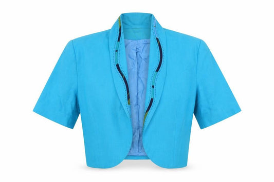 Front view of Karida women’s blue jacket blazer, size UK 14