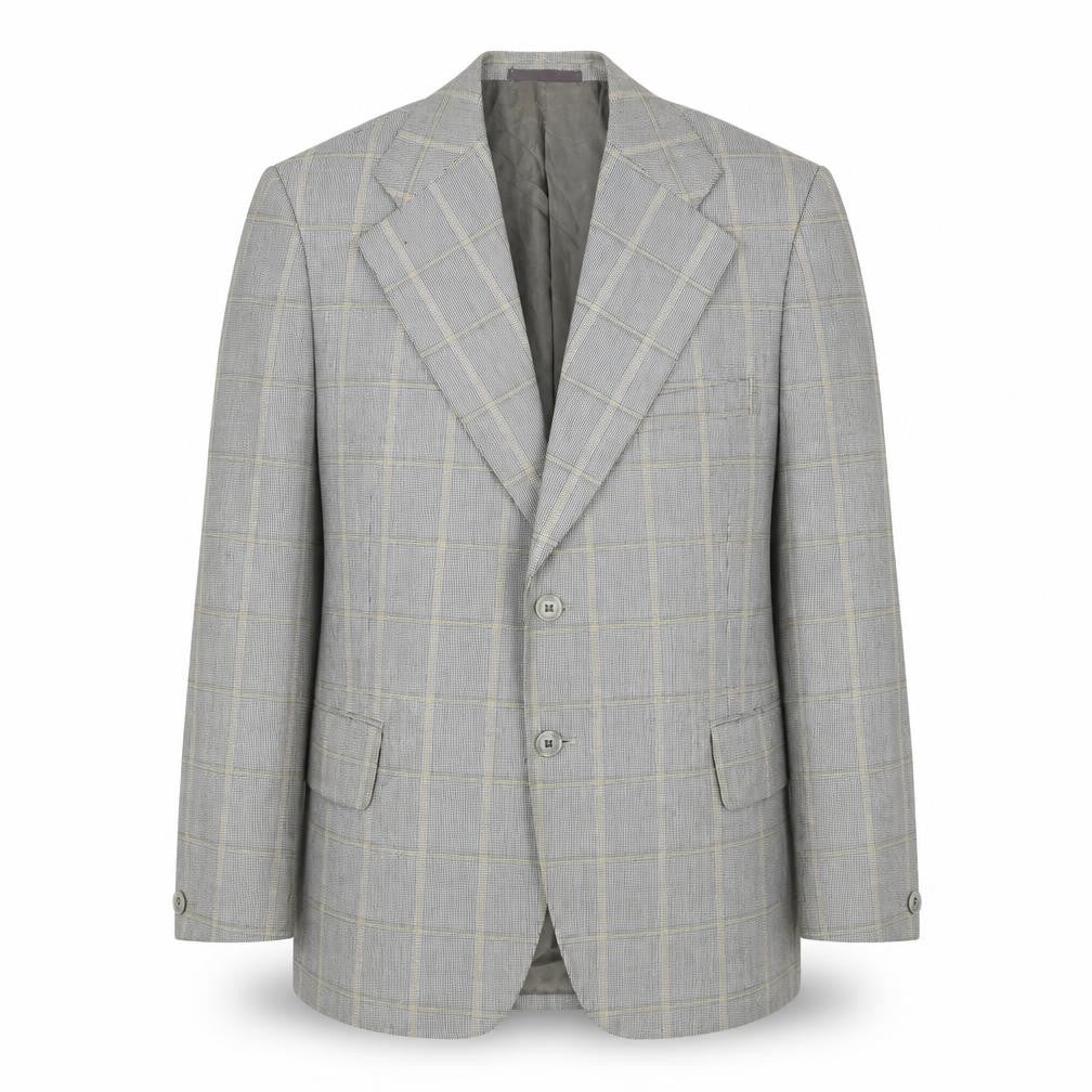 Front view of Burleigh men’s grey plaid polyester jacket blazer, size 42, regular