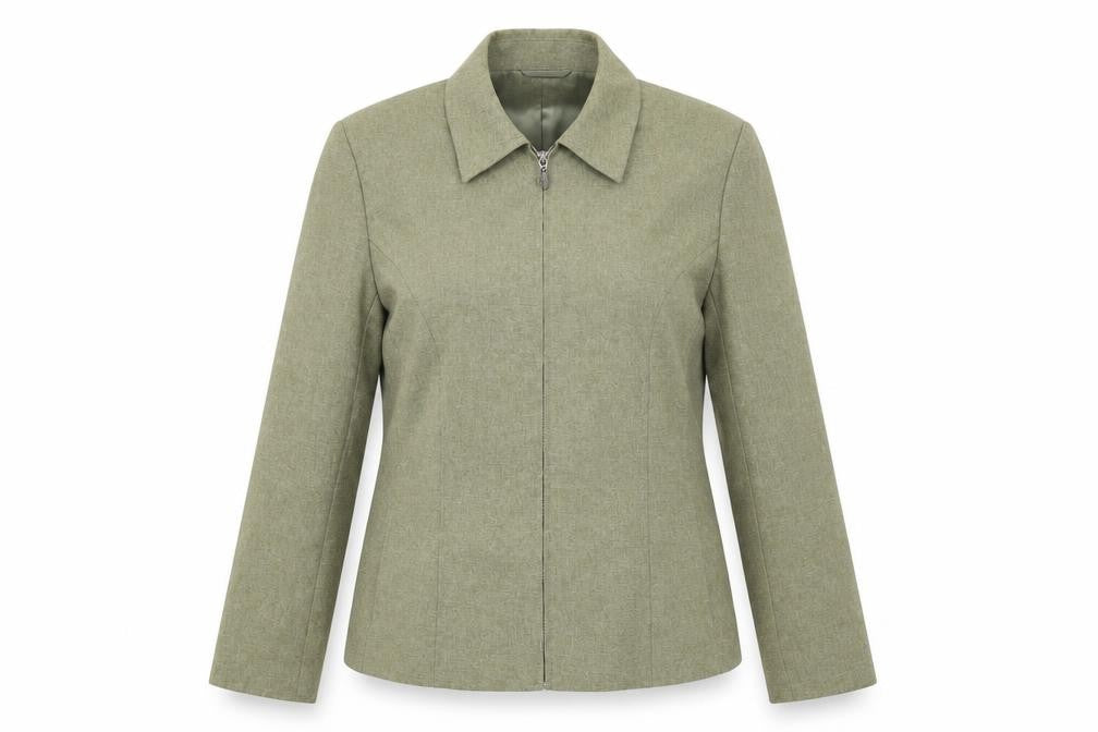 Front view of Berkertex women’s green geometric jacket, size UK 16, zip