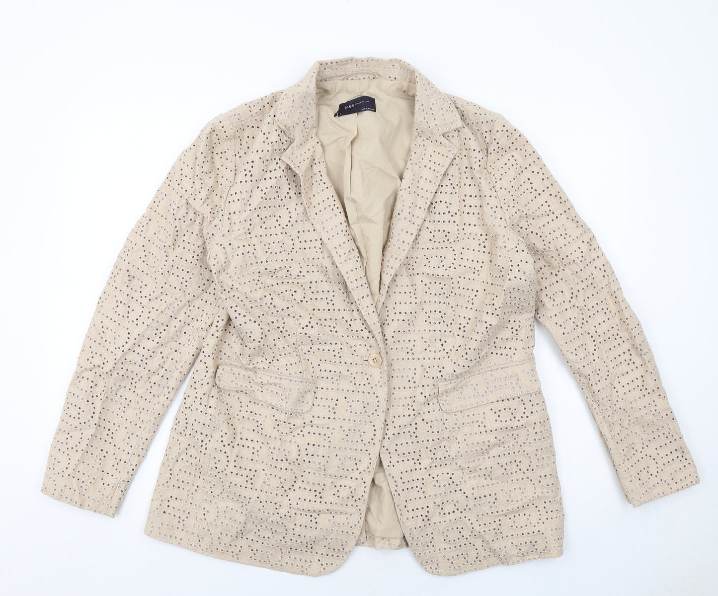 Marks and Spencer Womens Beige Jacket Blazer Size 16 Button - Broderie Anglaise