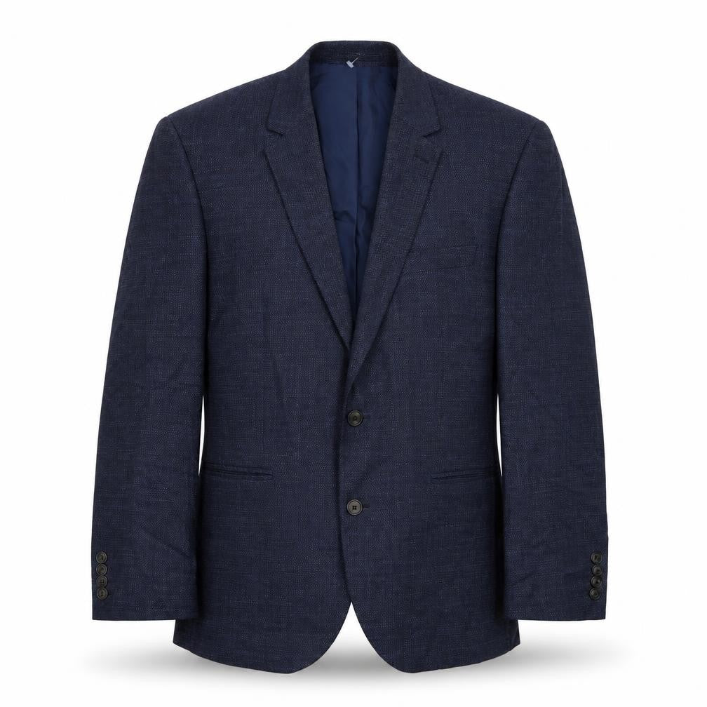 Front view of Marks & Spencer men’s blue polyester jacket suit jacket, size 42, regular