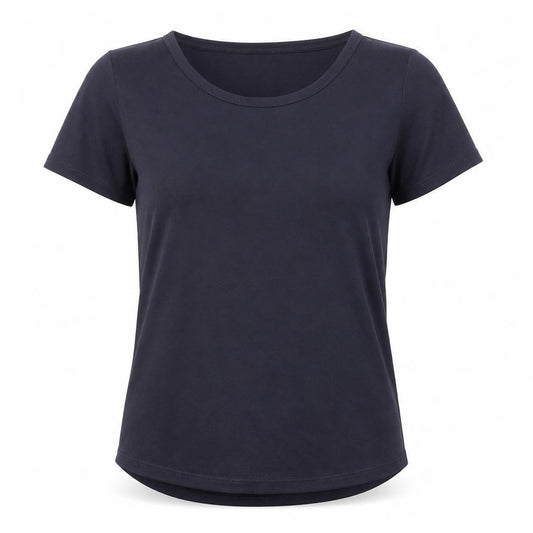 Front view of Marks & Spencer women’s blue polyester basic t-shirt, size UK 8, boat neck