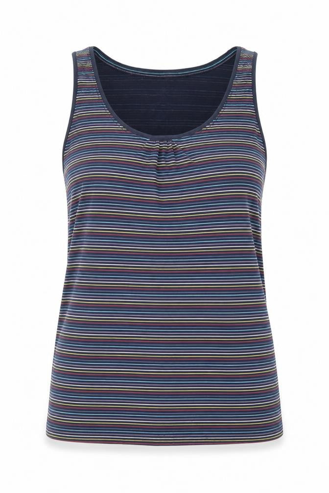 Front view of EDC women’s blue striped cotton basic tank, size XS, round neck