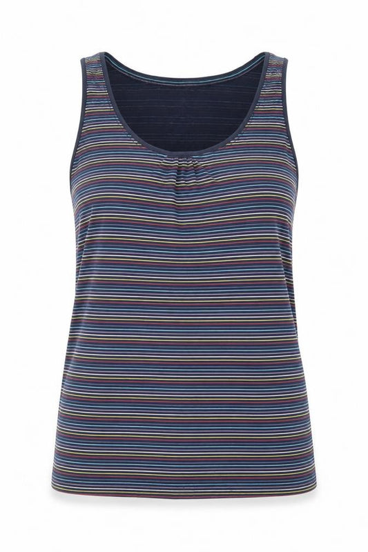 Front view of EDC women’s blue striped cotton basic tank, size XS, round neck