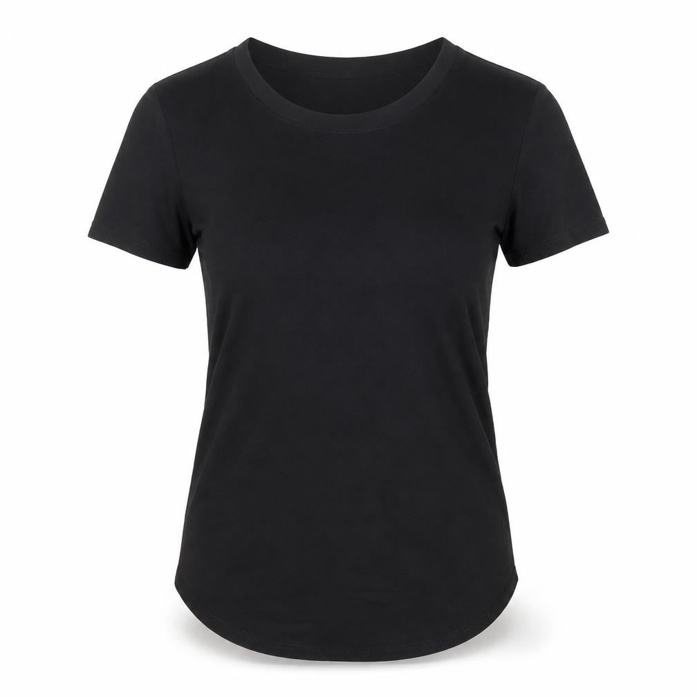 Front view of Oasis women’s black viscose basic t-shirt, size XS, round neck