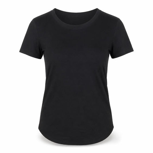 Front view of Oasis women’s black viscose basic t-shirt, size XS, round neck